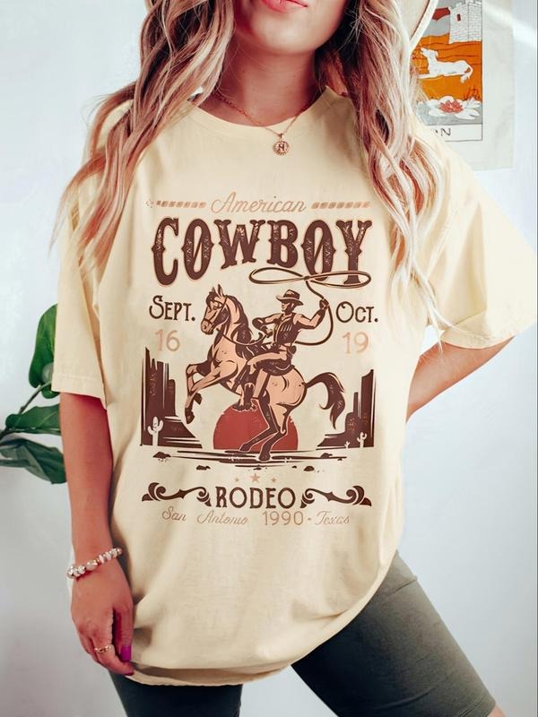 Women's Cowboy Print Round Neck Graphic Tee, Vintage Trendy Casual Drop Shoulder Half Sleeve T-shirt for Daily Wear,...