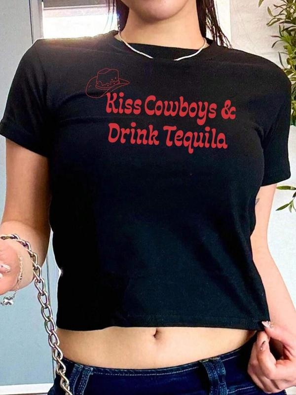 Women's Cowboy Slogan Graphic Round Neck Crop Tee, Casual Short Sleeve Crew Neck T-Shirt for Summer, Fashion Women's Top...