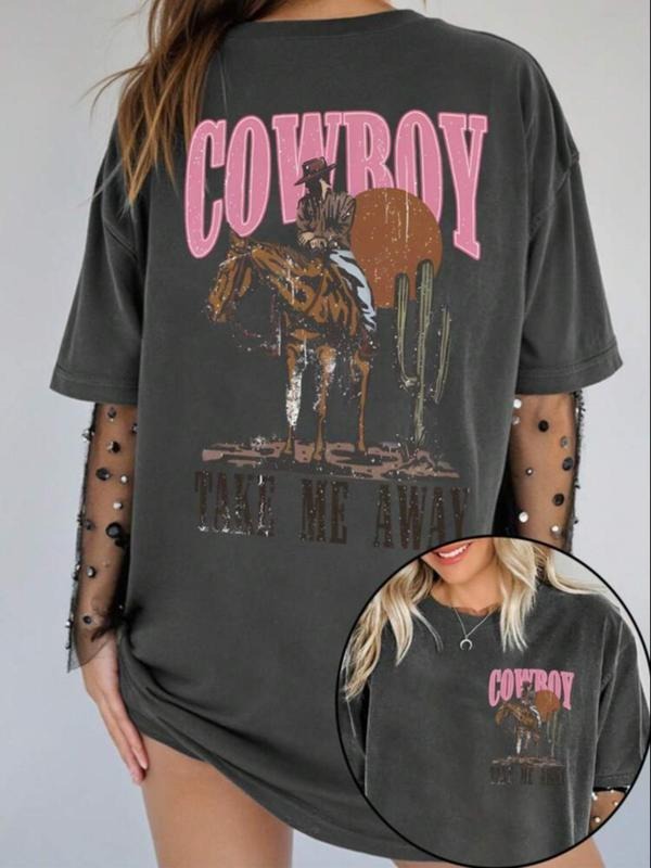 Women's Cowgirl Print Round Neck Tee, Fashion Casual Short Sleeve T-shirt for Daily Wear, Ladies Summer Clothes, Top...