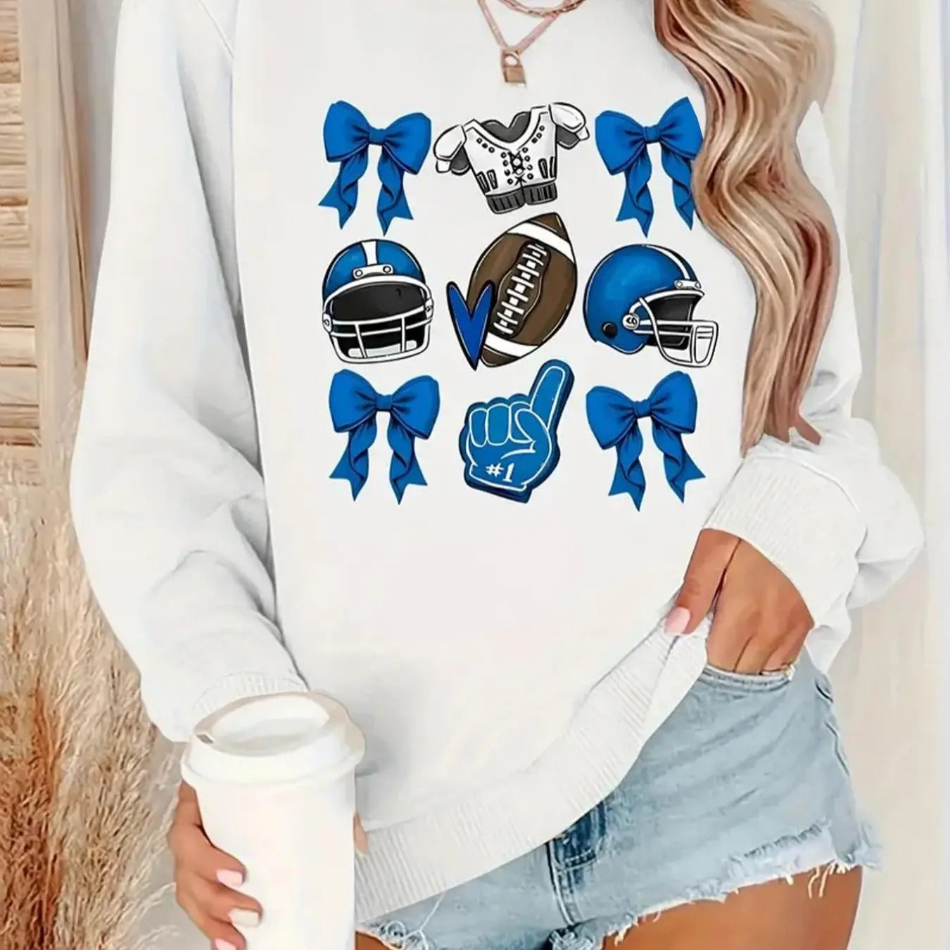Women's Creative Football Print Crew Neck Sweatshirt, Casual Long Sleeve Pullover for Fall & Winter, Women's Clothes for...