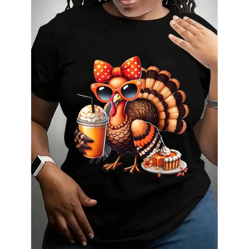 Women's Crew Neck T-Shirt White Thanksgiving Turkey With Sunglasses And Pumpkin Pie Print For Festive Season Hoodie,...