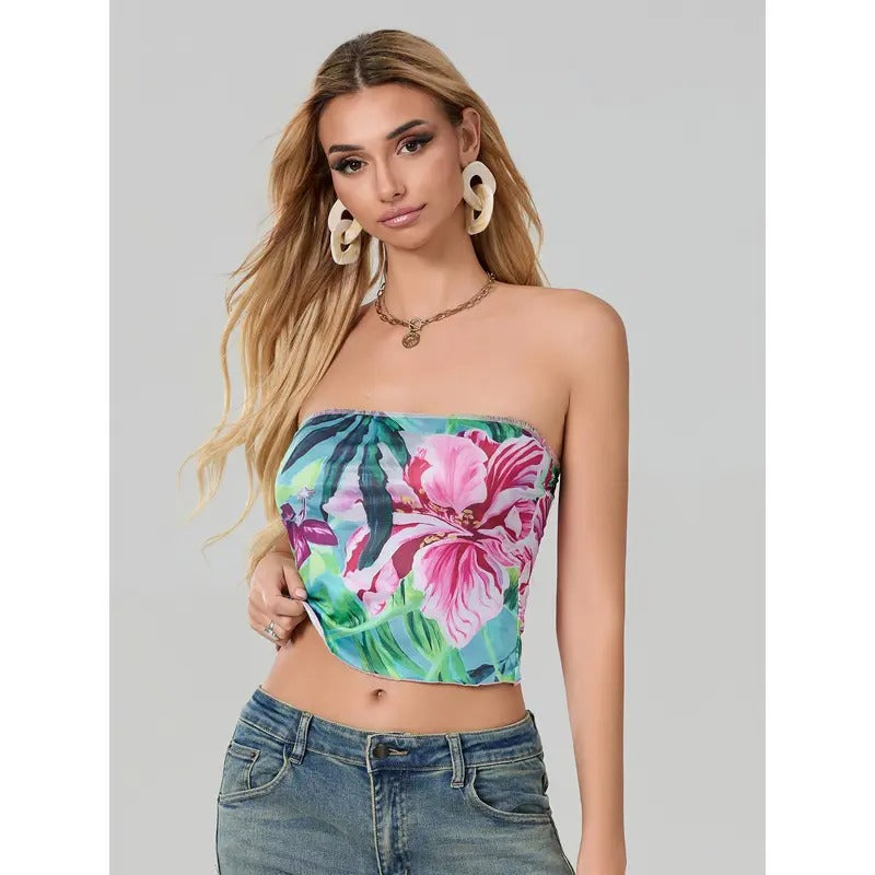 Women's Crop Tube Tops Slim Flower Print Off Shoulder Backless Sleeveless Shirt for Summer Lady Polyester Hoodie, Sweatshirt