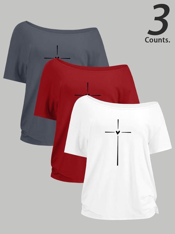 Women's Cross & Heart Print One Shoulder Tee, Casual Fashion One Shoulder Short Sleeve T-shirt for Daily Wear, Ladies...