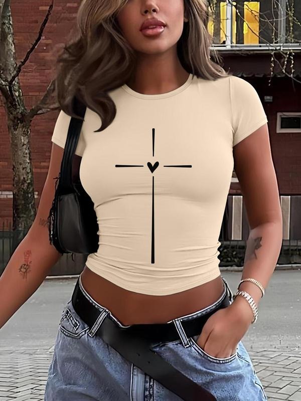 Women's Cross & Heart Print Round Neck Crop Tee, Casual Short Sleeve Crew Neck T-shirt for Daily Wear, Ladies Clothes for...