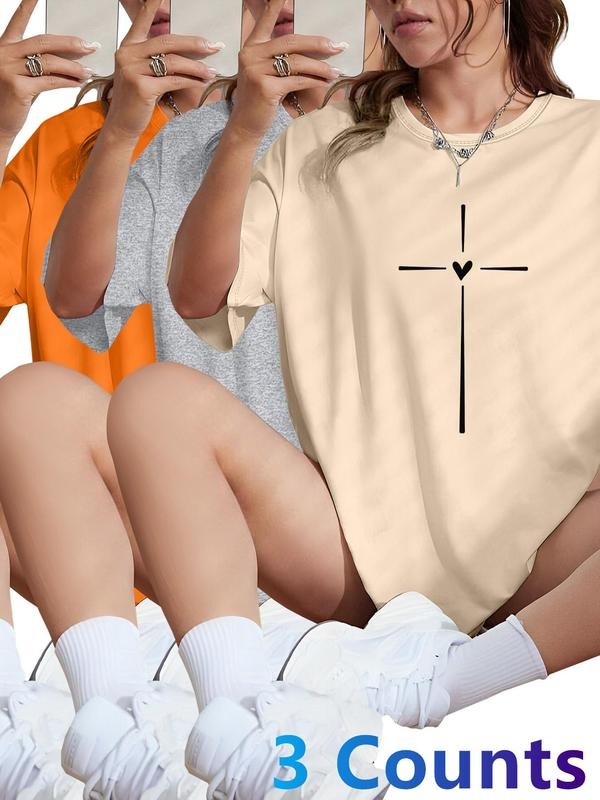 Women's Cross & Heart Print Round Neck Tee, Casual Short Sleeve T-shirt for Daily Wear, Ladies Clothes for All Seasons,...
