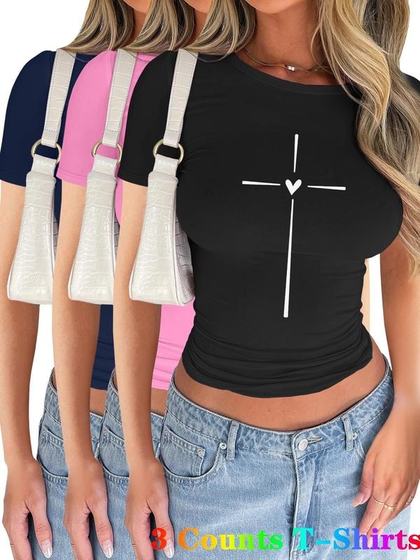 Women's Cross & Heart Print Short Sleeve Tee, Casual Trendy T-shirt for Daily Wear, Ladies Summer Outfit, Top Hoodie,...