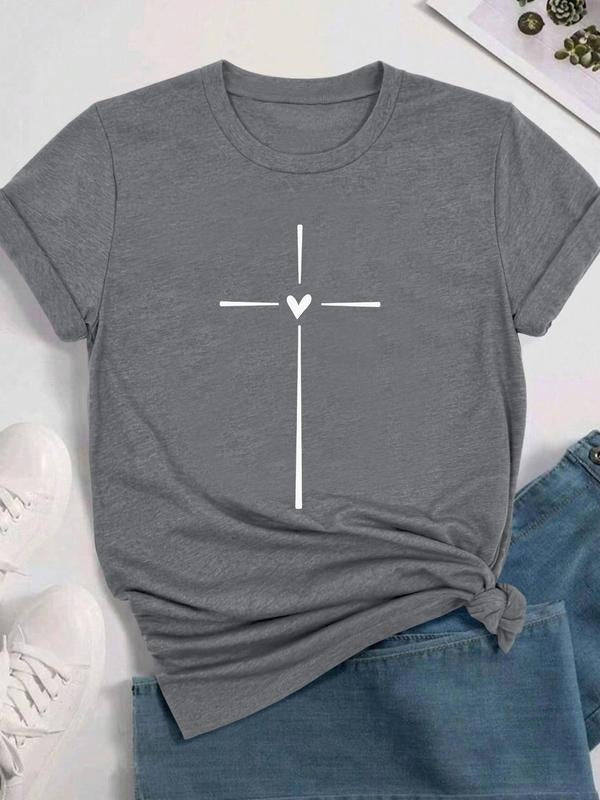 Women's Cross & Hearts Print Round Neck Tee, Casual Short Sleeve Crew Neck T-shirt for Daily Wear, Ladies Clothes for All...