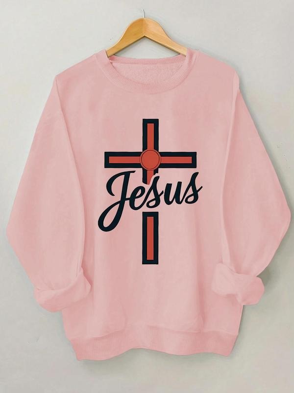 Women's Cross & Letter Print Crew Neck Sweatshirt, Casual Long Sleeve Pullover for Fall & Winter, Women's Clothes for...