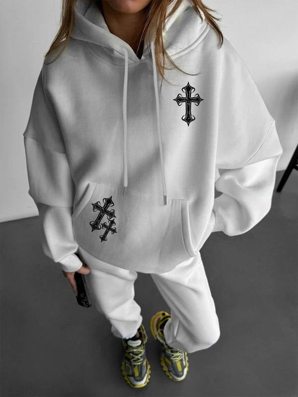 Women's Cross Print Drop Shoulder Hoodie, Fashion Casual Drawstring Pocket Hooded Sweatshirt for Daily Holiday Outdoor...