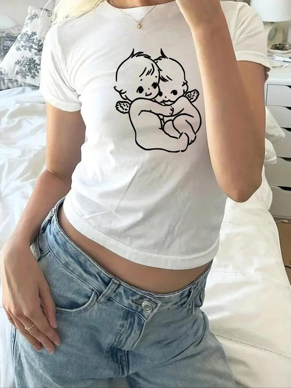 Women's Cute Baby Print Round Neck Crop Tee, Casual Short Sleeve Cropped T-shirt for Daily Wear, Y2k Trendy Tops for...
