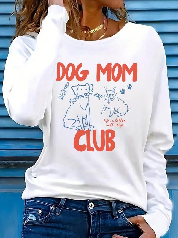 Women's Cute Dog Print Round Neck Long Sleeve Top, Casual Comfortable Loose Fit Shirt for Fall & Winter, Ladies Fashion...
