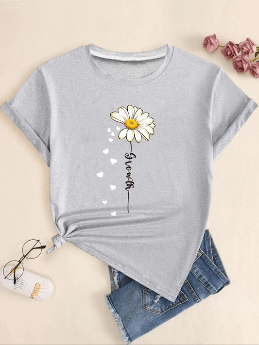 Women's Daisy & Heart & Letter Print Round Neck Tee, Fashion Casual Short Sleeve T-shirt for Daily Holiday Vacation Outdoor Wear, Ladies Clothes for Summer