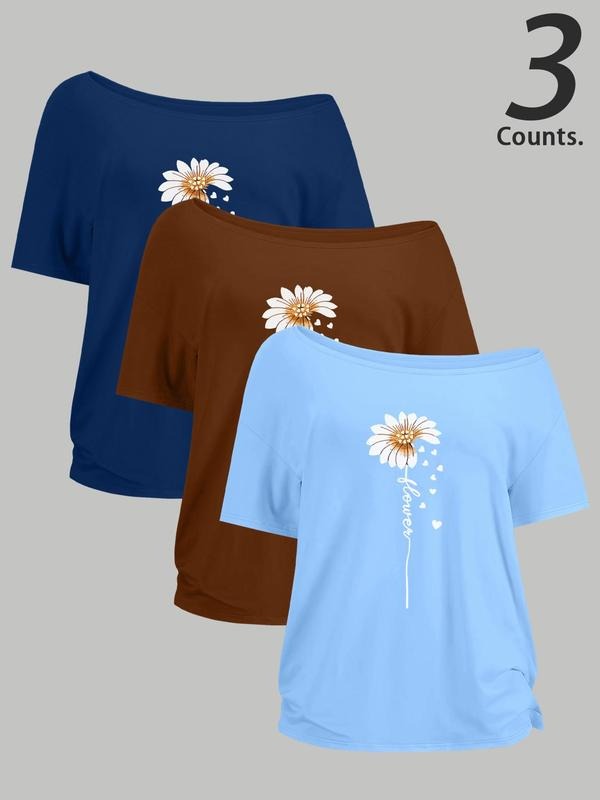 Daisy Print One Shoulder Casual Flower Print Short Sleeve Summer Clothes Daily Top T-Shirts, Hoodie, Sweatshirt