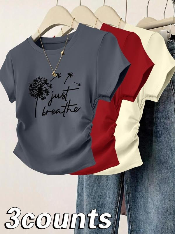 Women's Dandelion & Letter Print Round Neck Tee, Casual Short Sleeve Crew Neck T-shirt for Daily Wear, Ladies Clothes for...