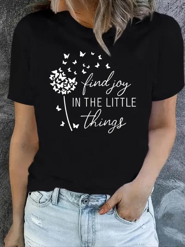 Women's Dandelion & Letter Print Round Neck Tee, Fashion Casual Short Sleeve T-shirt, Ladies Summer Clothes for Daily...
