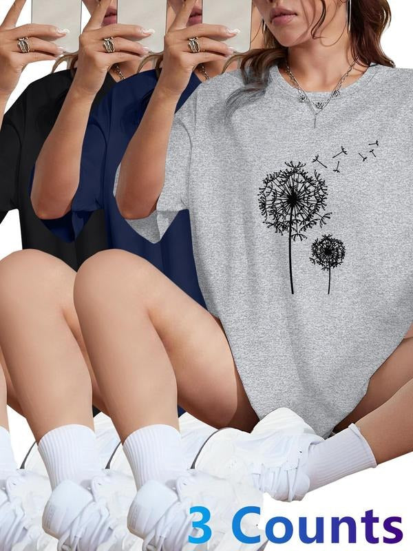 Dandelion Print Round Neck Casual Basic Short Sleeve Daily Clothes All Seasons Top T-Shirts, Hoodie, Sweatshirt