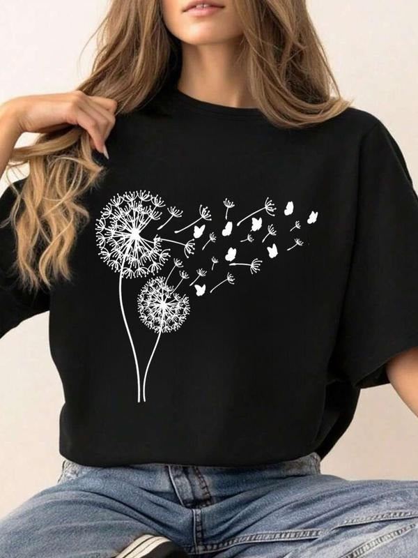Women's Dandelion Print Round Neck Tee, Casual Comfort Short Sleeve Crew Neck T-shirt for Daily Wear, Ladies Clothes for...