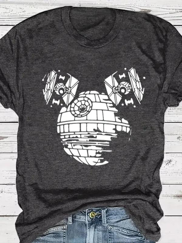 Women's Death Star Print Round Neck Tee, Casual Short Sleeve T-shirt for Summer, Women's Top for Daily Wear Hoodie,...