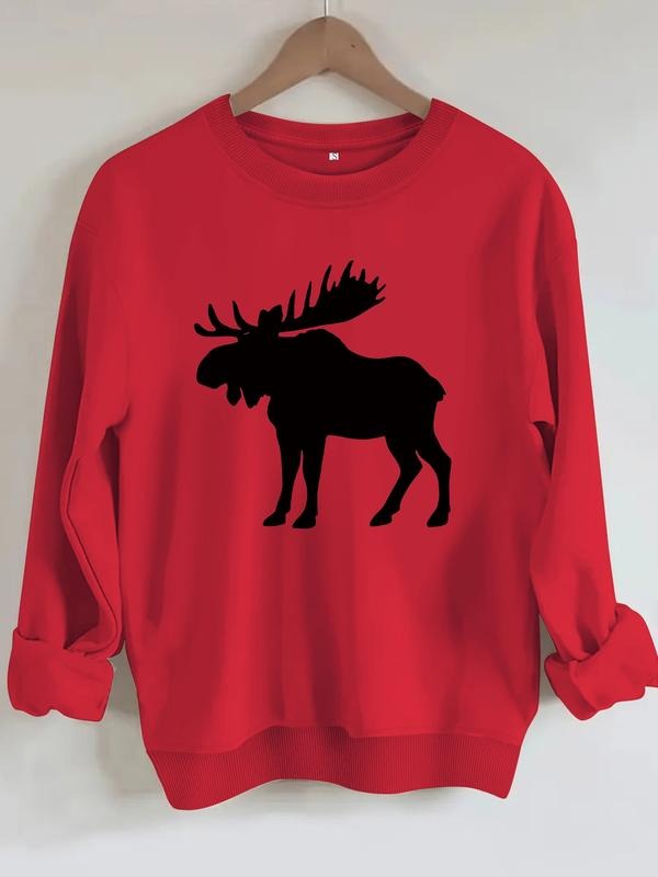 Women's Deer Head Print Sweatshirt, Graduation Long Sleeve Top, Back-To-School Clothing, Casual Fitted Pullover for Fall...