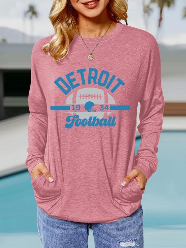 Women's Detroit Print Crew Neck Long Sleeve Pullover, Casual Loose Fit T-Shirt, Comfortable Breathable Spring & Fall...