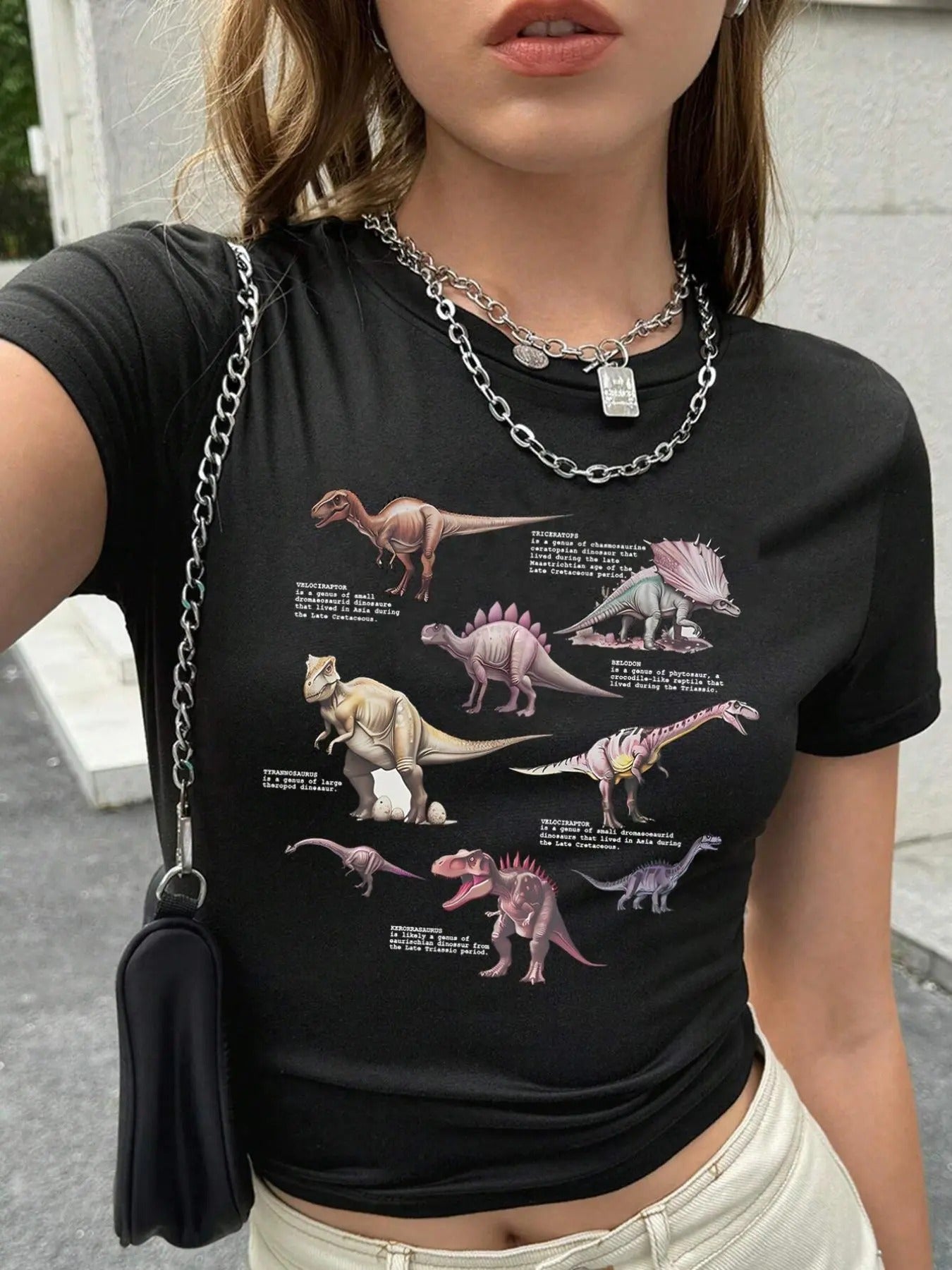 Women's Dinosaur & Letter Print Round Neck Crop Tee, Casual Slogan Graphic Crew Neck T-shirt for Summer, Fashion Women's...