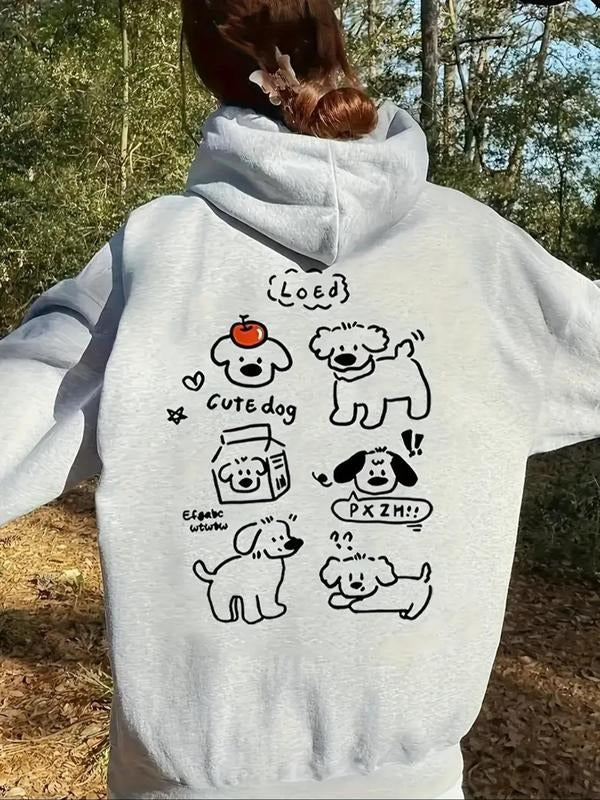 Women's Dog Print Letter Hoodie, Cute Casual Drawstring Kangaroo Pocket Hooded Sweatshirt for Daily Holiday Outdoor Wear,...