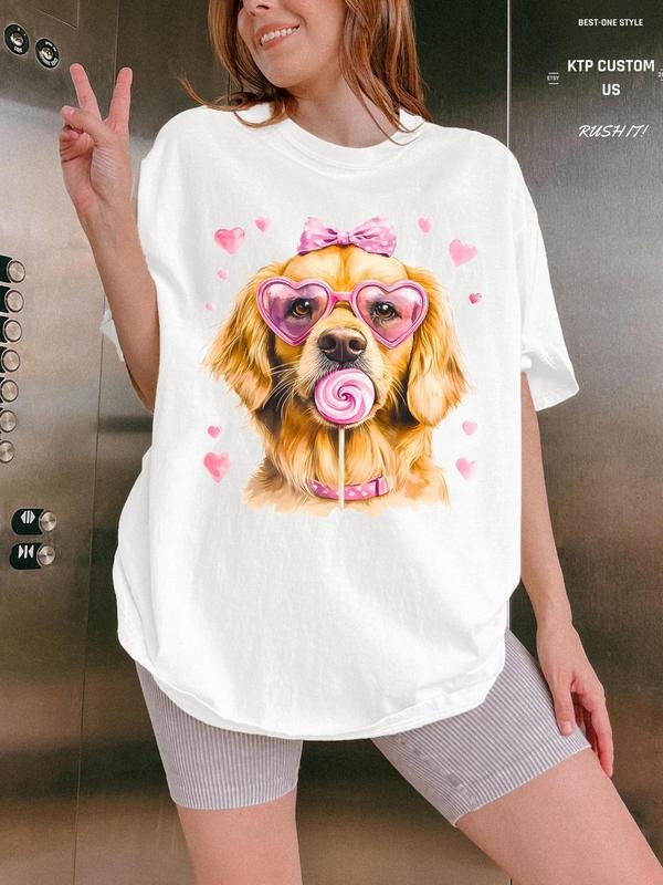 Women's Dog Print Round Neck Tee, Fashion Casual Graphic Crew Neck T-Shirt for Daily Holiday Vacation Outdoor Wear,...