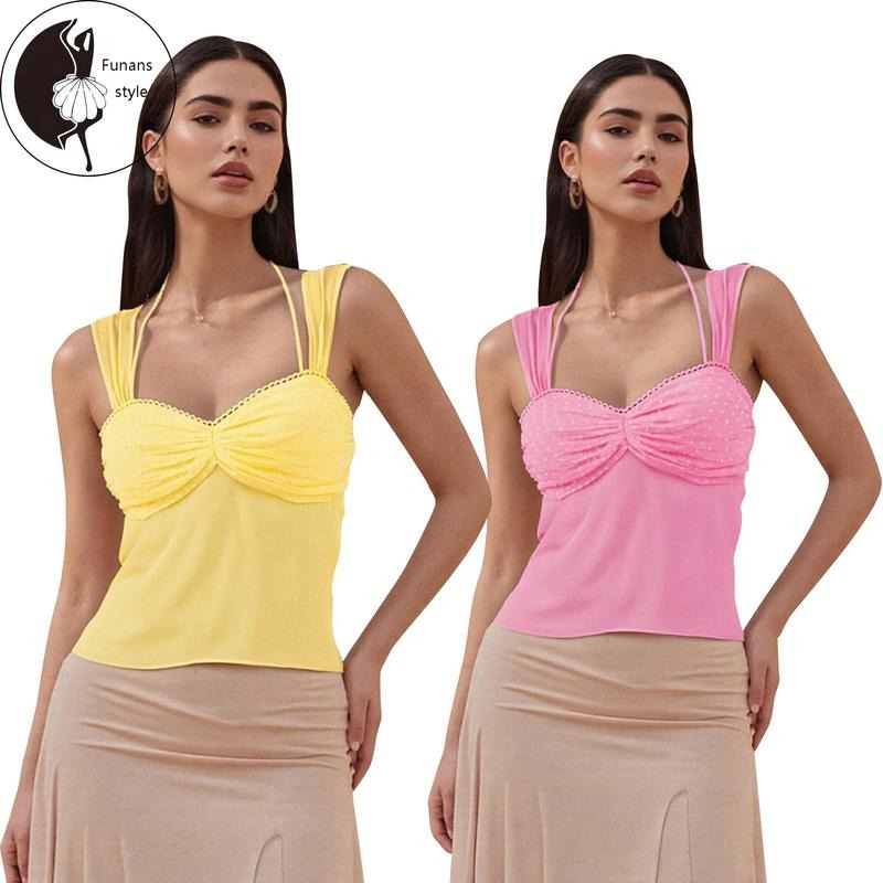 Women's Dots Print Mesh Tops Sleeveless Halter NeckFit Tank Top Tie Back Shirts Hoodie, Sweatshirt | HypeDripTees.com