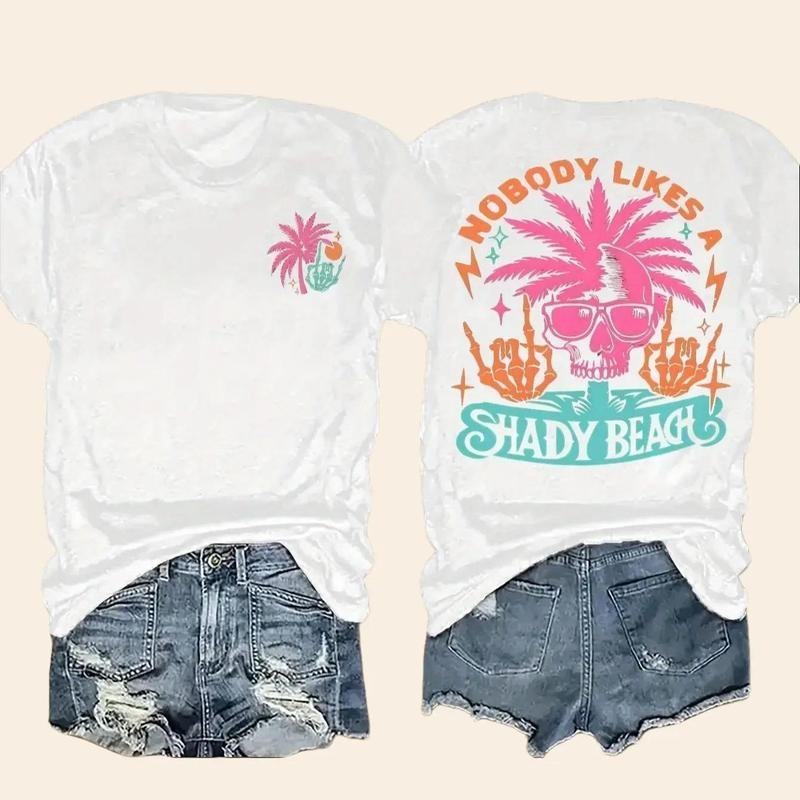 Women's Double-Sided Skull & Palm Tree Print T-Shirt