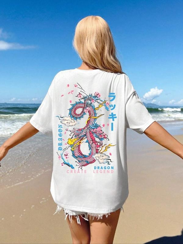 Women's Dragon & Japanese Print Round Neck Tee, Fashion Casual Crew Neck T-Shirt for Daily Holiday Vacation Outdoor Wear,...