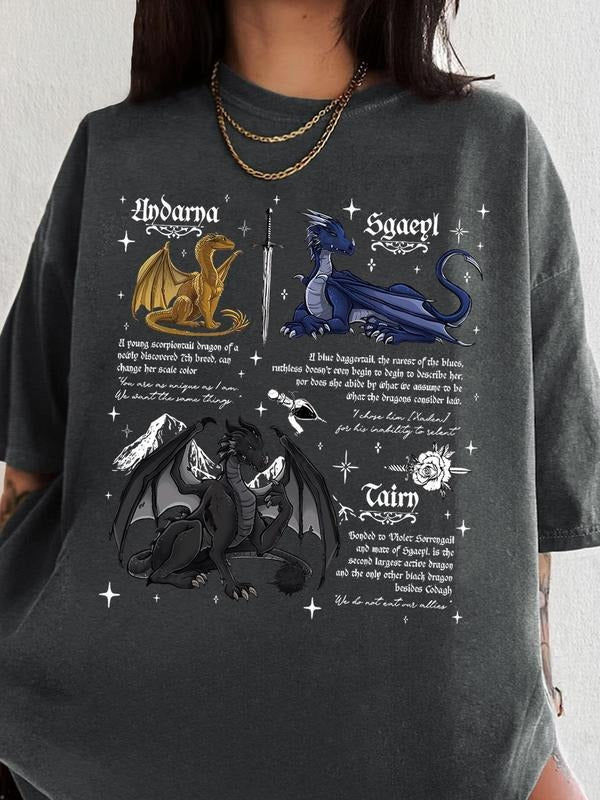 Women's Dragon & Letter Print Round Neck Graphic Tee, Vintage Trendy Casual Figure Graphic Short Sleeve T-shirt for Daily...