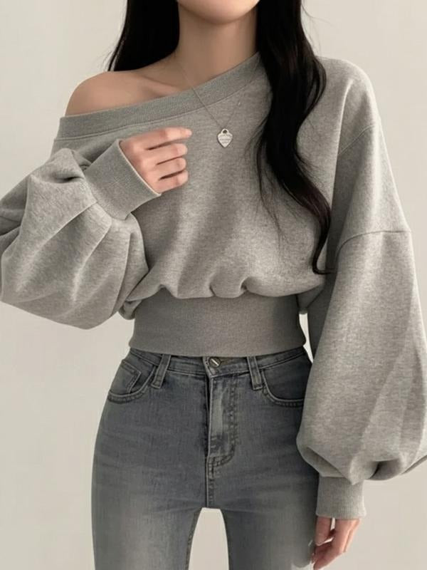 Women's Drop Shoulder One-Shoulder Solid Color Casual Fitted Waist Sweatshirt, Fall & Winter Basic Kint Fabric Pullover...