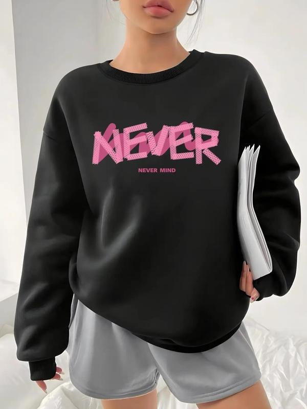 Women's Drop Shoulder Sweatshirt, Letter Print Round Neck Long Sleeve Pullover, Casual Crew Neck Top for Fall & Winter...