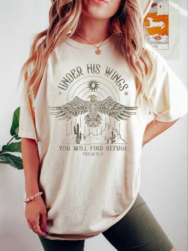 Women's Eagle Print Round Neck Graphic Tee, Vintage Trendy Casual Drop Shoulder Half Sleeve T-shirt For Daily Wear,...