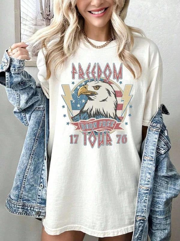 Women's Eagle Print Round Neck Tee, Fashion Casual Letter & Eagle Print Drop Shoulder T-Shirt for Daily Wear, Casual Crew...