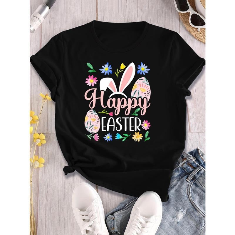 Women's Easter Bunny Ears & Floral Print Egg Print T-Shirt