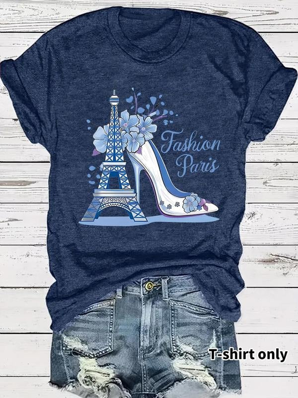 Women's Eiffel Tower & High Heel Print Round Neck Tee, Vintage Trendy Casual Short Sleeve T-shirt for Daily Wear, Ladies...