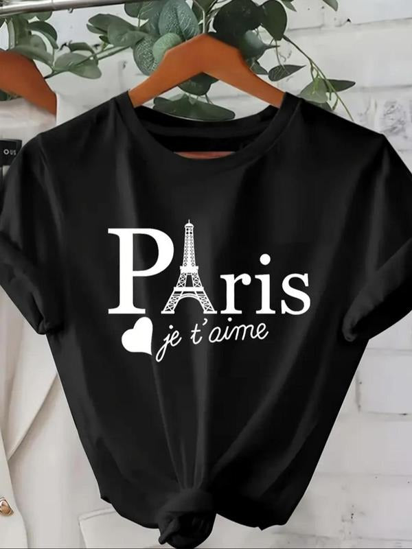 Women's Eiffel Tower & Letter Print Round Neck Graphic Tee, Casual Short Sleeve T-shirt for Summer, Women's Top for Daily...
