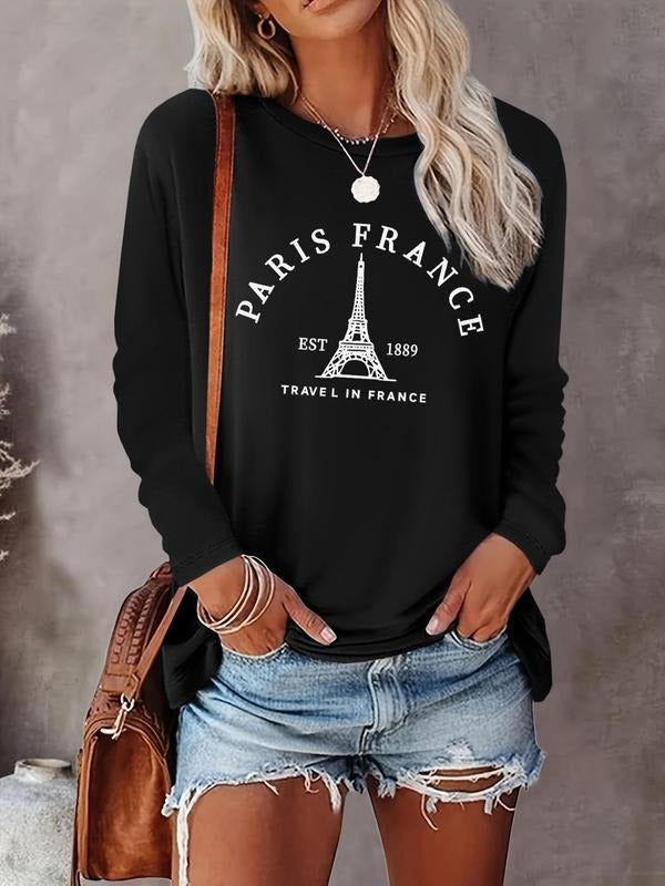 Women's Eiffel Tower & Letter Print Round Neck Sweatshirt, Casual Long Sleeve Crew Neck Pullover for Fall & Winter,...