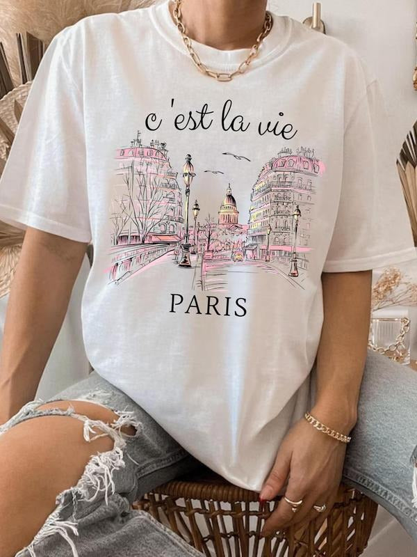 Women's Eiffel Tower & Letter Print Round Neck Tee, Casual Slogan Graphic Crew Neck T-Shirt for Summer, Fashion Women's...