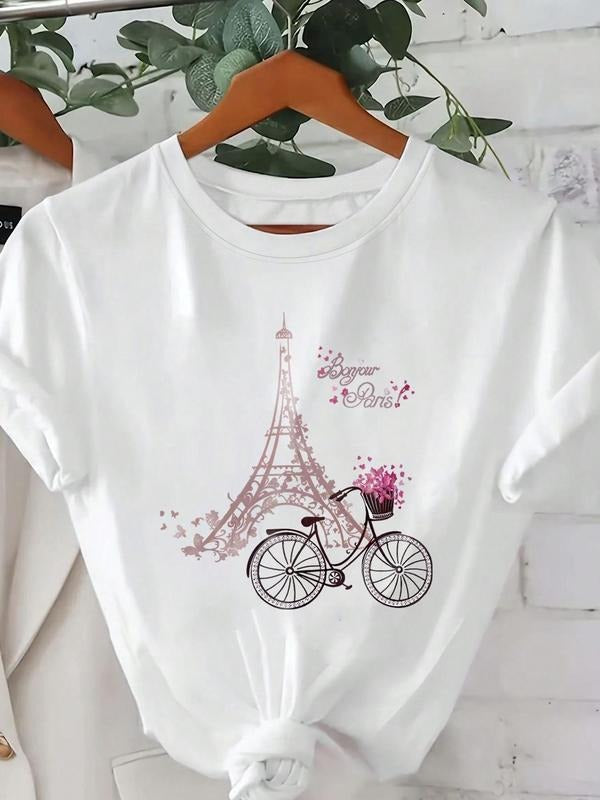 Women's Eiffel Tower Print Round Neck Tee, Casual Bike Print Short Sleeve T-shirt for Summer, Ladies Clothes for Daily...
