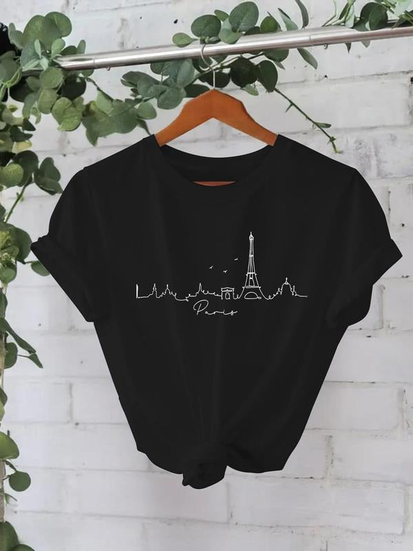Women's Eiffel Tower Print Round Neck Tee, Casual Short Sleeve Crew Neck T-shirt for Summer, Fashion Women's Top for...