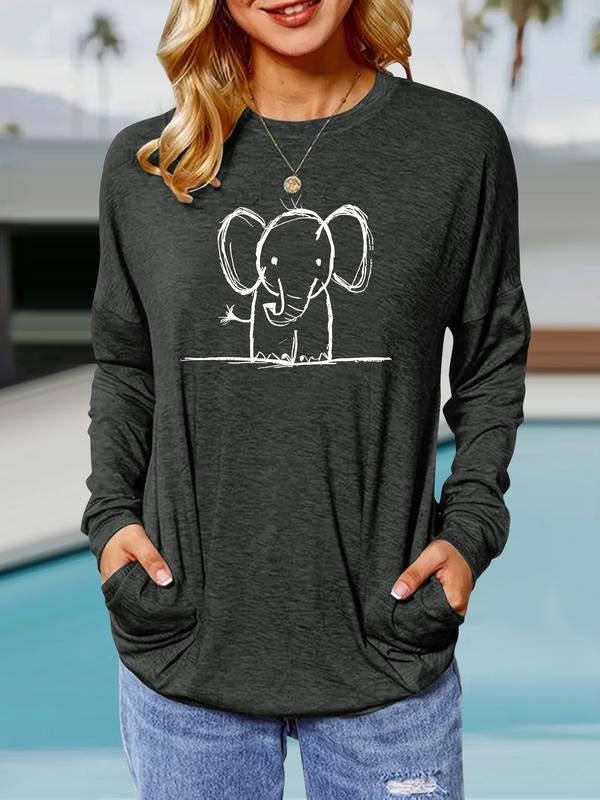 Women's Elephant Print Round Neck Long Sleeve Pullover, Casual Loose Fit T-Shirt for Spring & Fall, Comfortable...