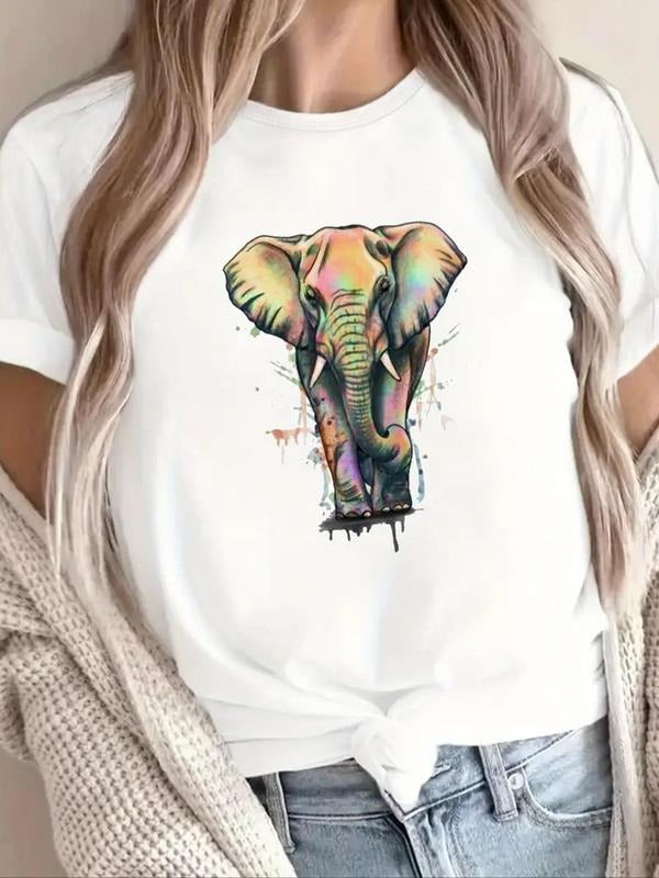 Women's Elephant Print Round Neck Tee, Casual Short Sleeve T-shirt for Daily Wear, Ladies Summer Outfit Hoodie, Sweatshirt