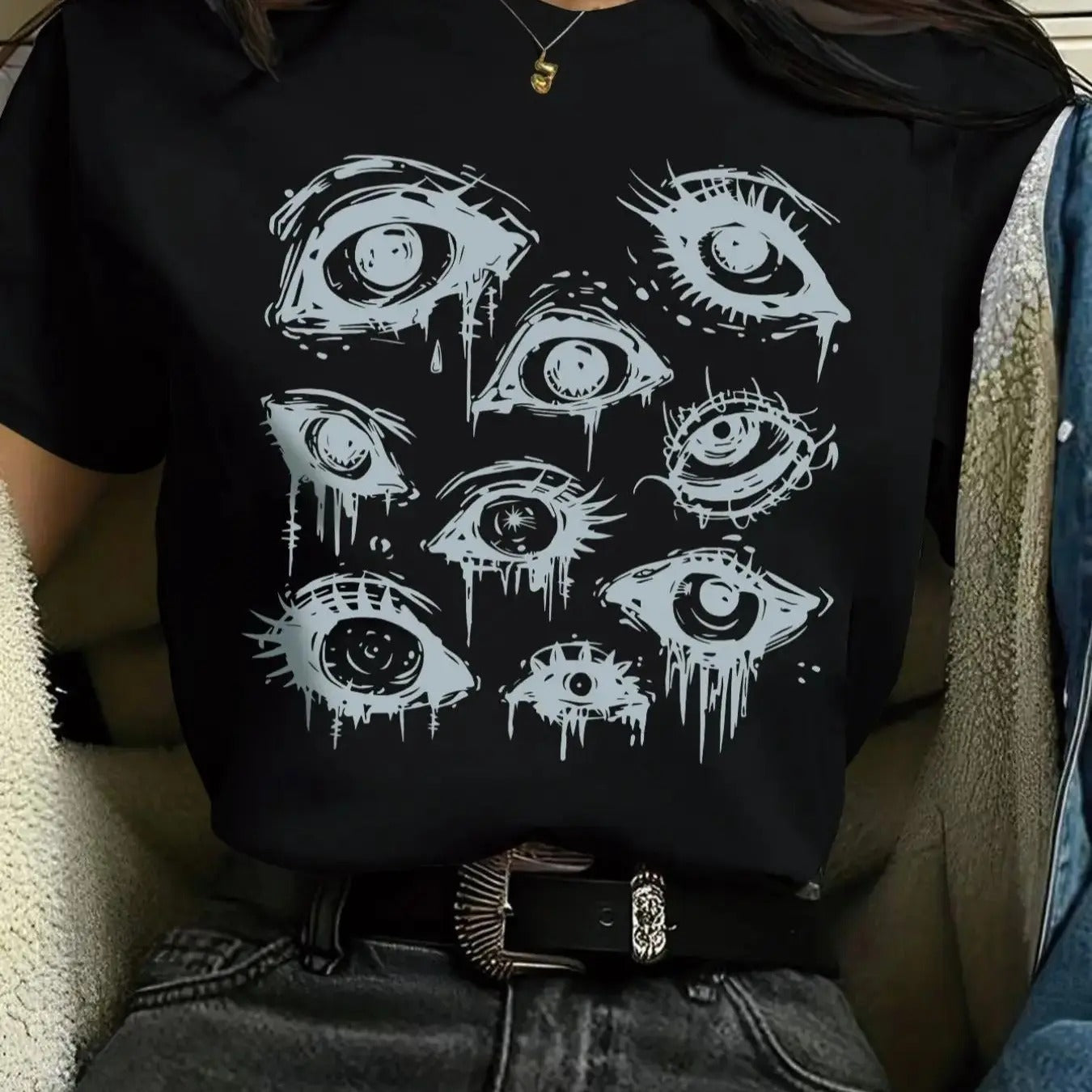 Women's Eye Print Round Neck Graphic Tee, Vintage Trendy Casual Short Sleeve T-shirt for Daily Wear, Ladies All Seasons...