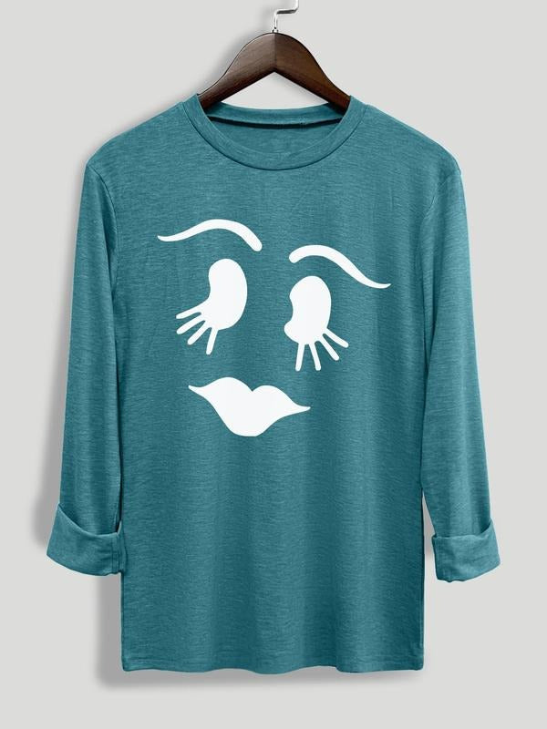Women's Face Print Long Sleeve Tee, Casual Round Neck T-shirt for Daily Wear, Ladies Clothing for All Seasons Hoodie,...