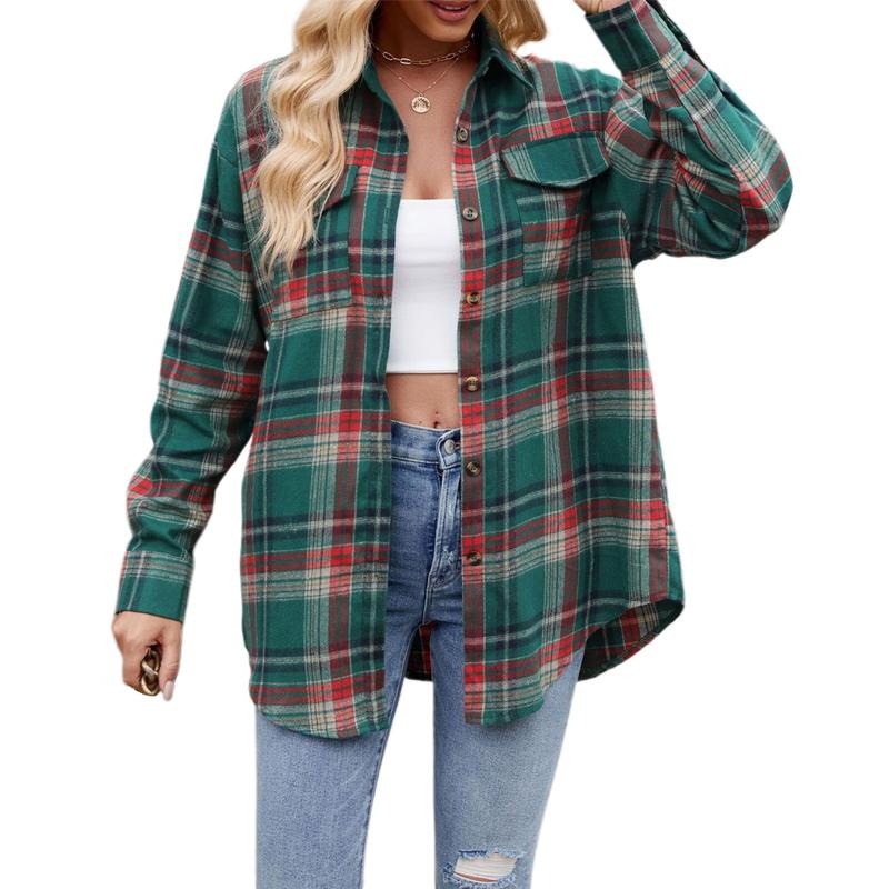 Women's Fall Button Down Shirts with Pockets Plaid Pattern Turn Down Collar Long Sleeve Casual Tops Hoodie, Sweatshirt