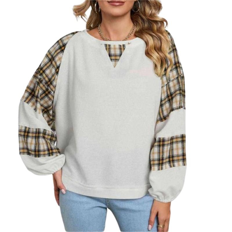 Women's Fall Loose Pullover Plaid Print Patchwork Bat Long Sleeve Crew Neck Waffle Sweatshirt T-Shirts, Hoodie