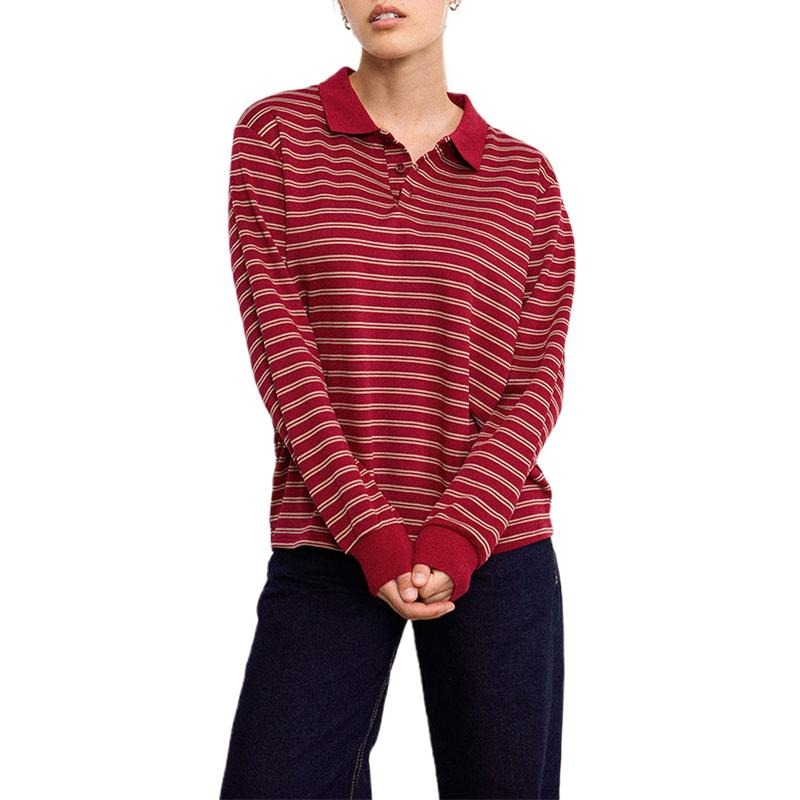 Women's Fall Shirts Loose Fit Cozy Stylish Striped Pattern Button Turn-Down Collar Long Sleeve Tops Hoodie, Sweatshirt