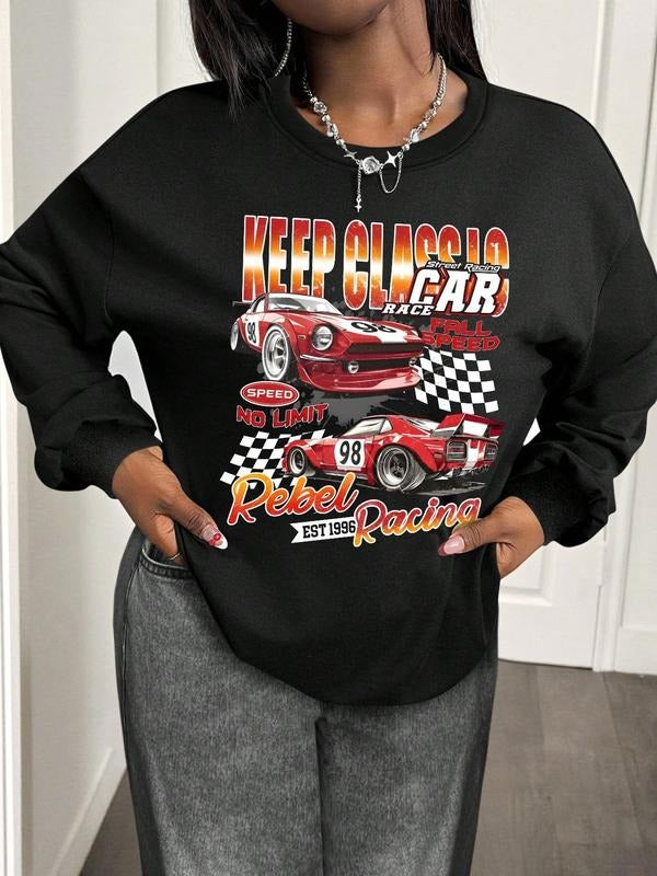 Women's Fall Winter Fashion Racing Print Sweatshirt, Soft Thick Round Neck, Casual Loose Fit, Sports Leisure Wear,...